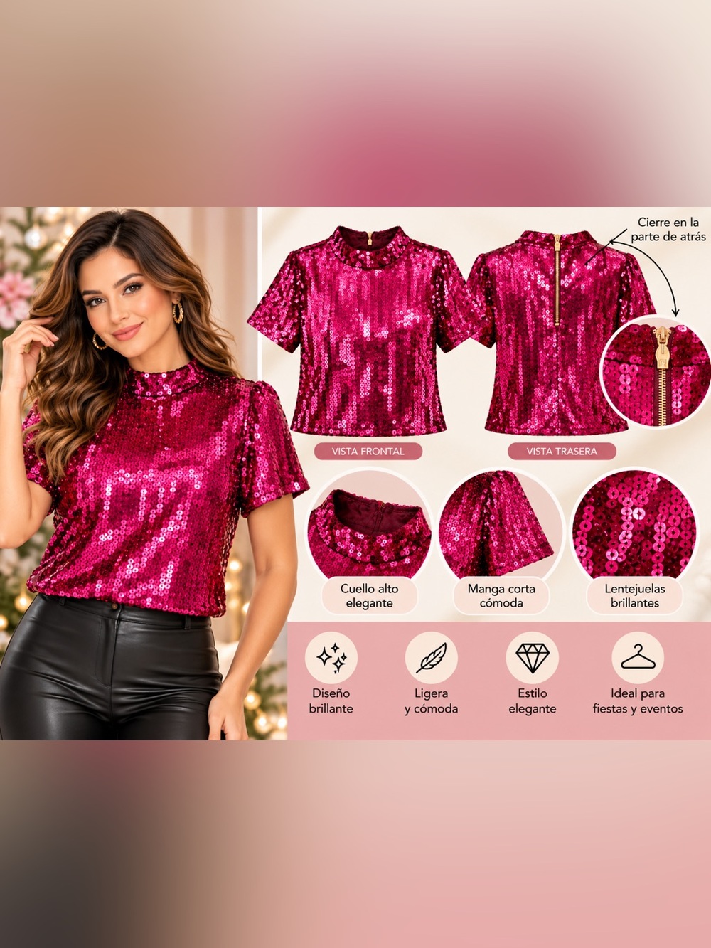 Michael Kors Fuchsia Sequin Mock Neck Short Sleeve Top